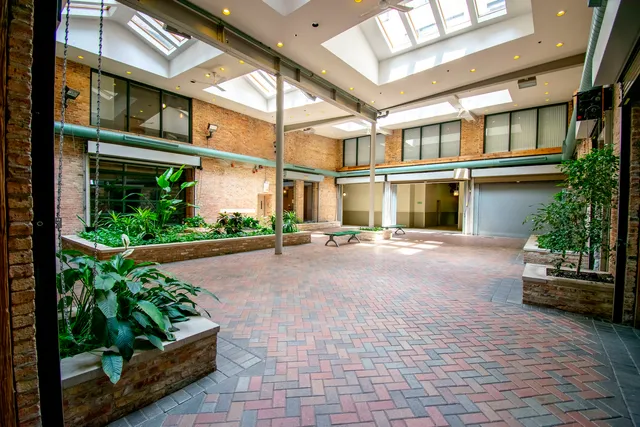 a view of a building with a street