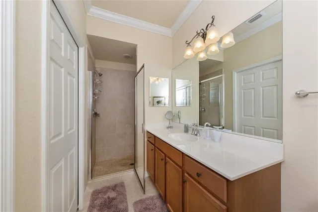 a bathroom with a sink a vanity a mirror and a shower