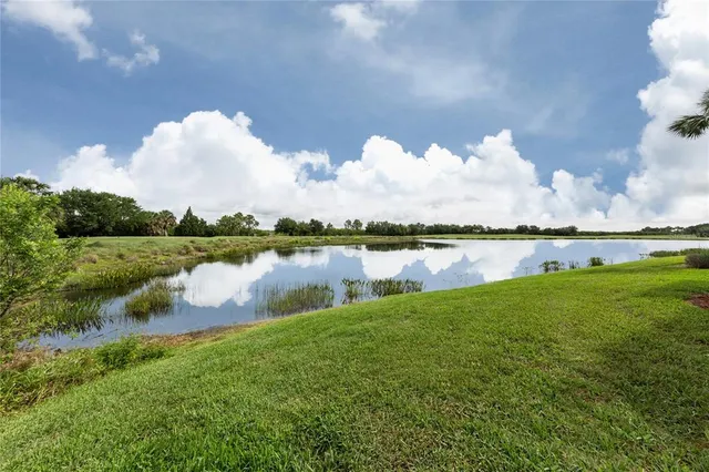 a view of a lake with houses in the back