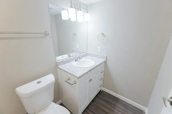a bathroom with a toilet sink and vanity