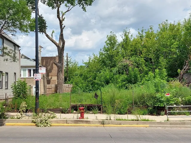 a view of a building with a street and trees