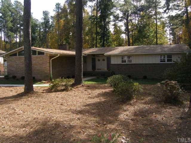 a view of a backyard with plants and large tree
