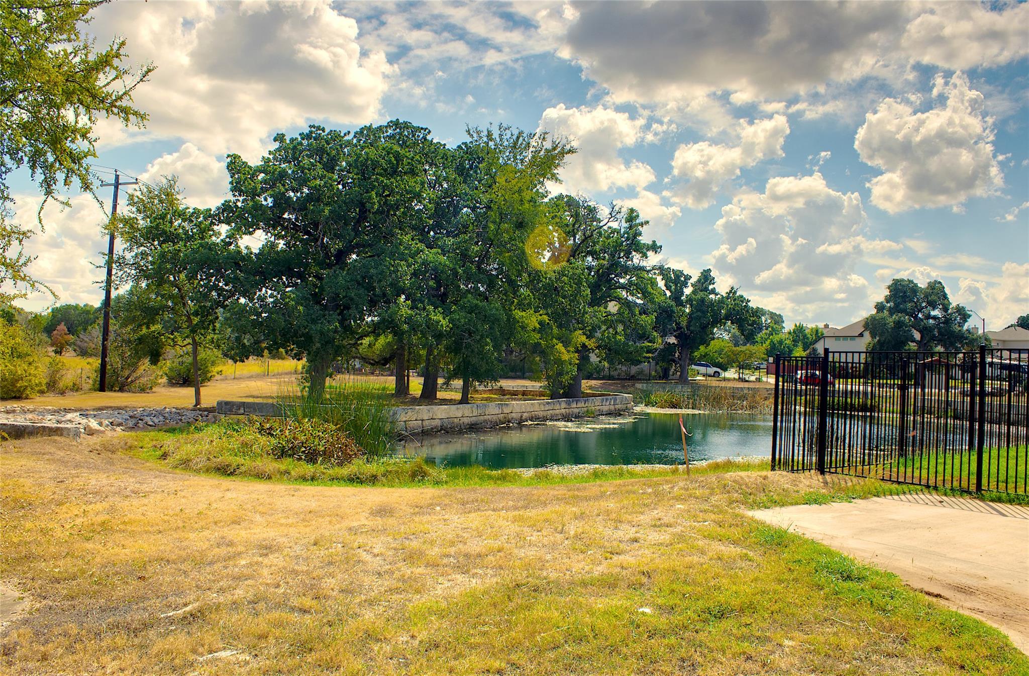 300 Tesla Circle Austin, TX 78681 - Photo 31 of 39 Natural pond feature with mature trees and a dark metal fence