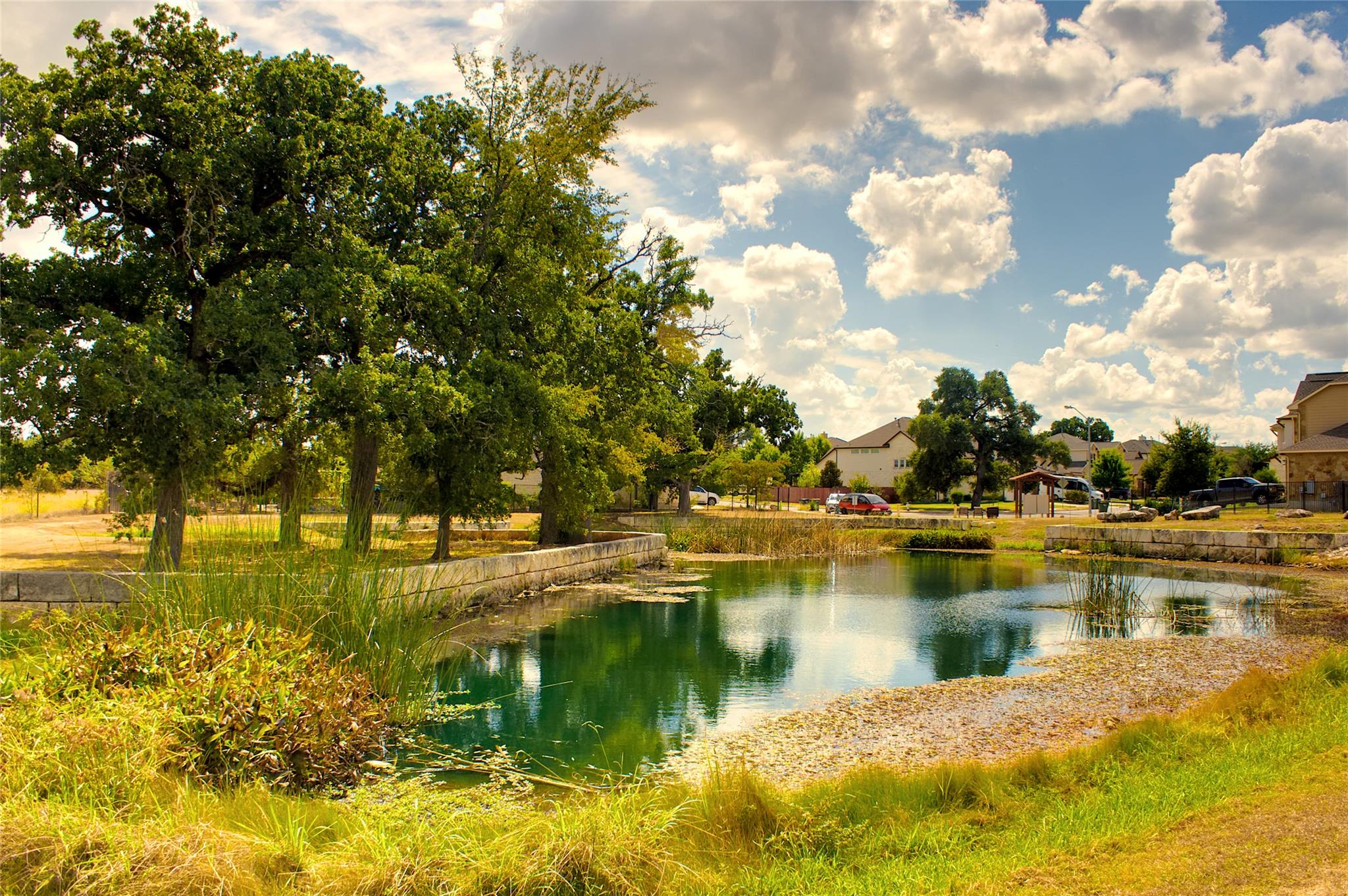 300 Tesla Circle Austin, TX 78681 - Photo 32 of 39 Glistening pond with a stone-lined edge, surrounded by lush green grass and mature trees