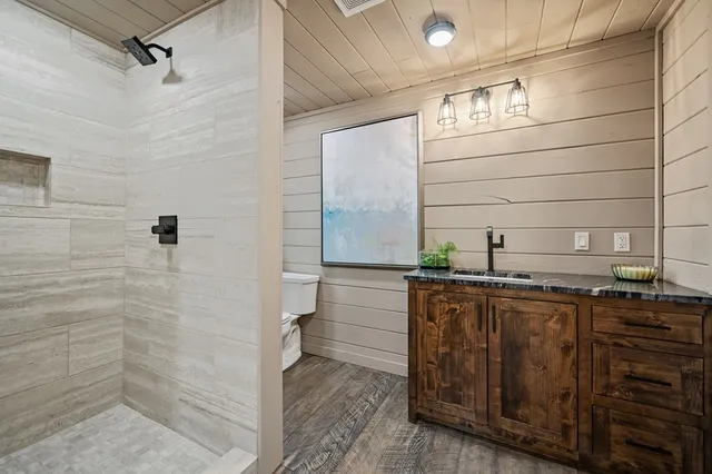 a bathroom with a granite countertop sink a toilet and shower
