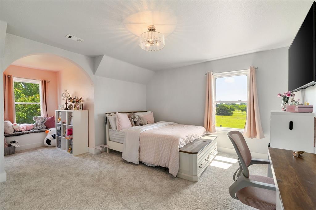12240 Wellington Road Ponder, TX 76259 - Photo 28 of 40 Carpeted bedroom featuring an arched alcove with window seating, a large window offering outdoor scenery, a decorative ceiling light fixture, and light-toned wall finishes