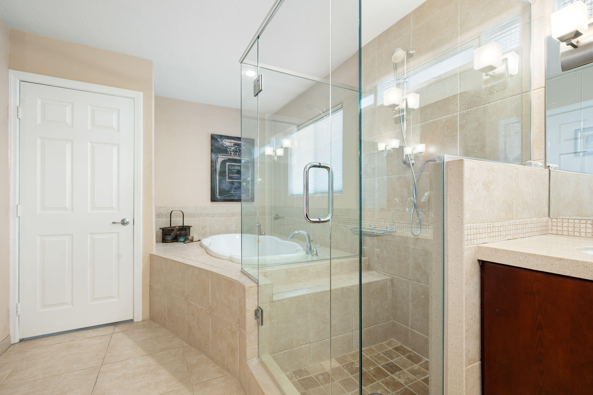 73535 Haystack Road Palm Desert, CA 92260 - Photo 47 of 47 a bathroom with a granite countertop sink mirror and shower