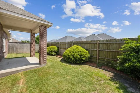 a view of a garden with a large tree