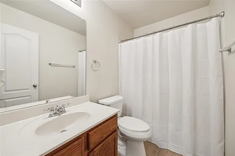 a bathroom with a sink a toilet and shower curtain