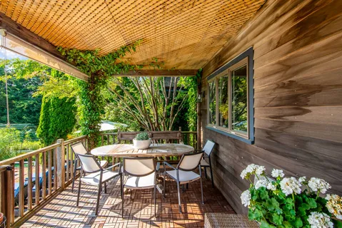 a roof deck with table and chairs and potted plants