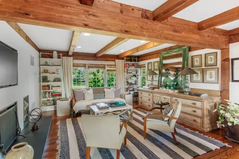 a outdoor space with patio the couches and a fireplace with the potted plants