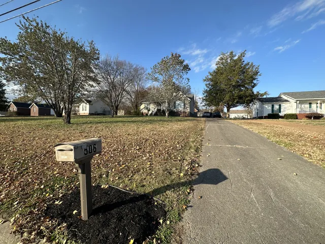 a view of a yard with plants and trees