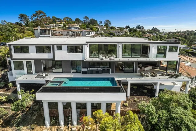 a aerial view of a house with a swimming pool