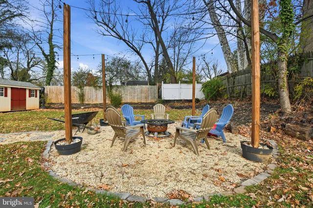 a view of a lake with tables and chairs