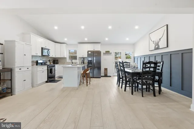 a view of a kitchen and dining room