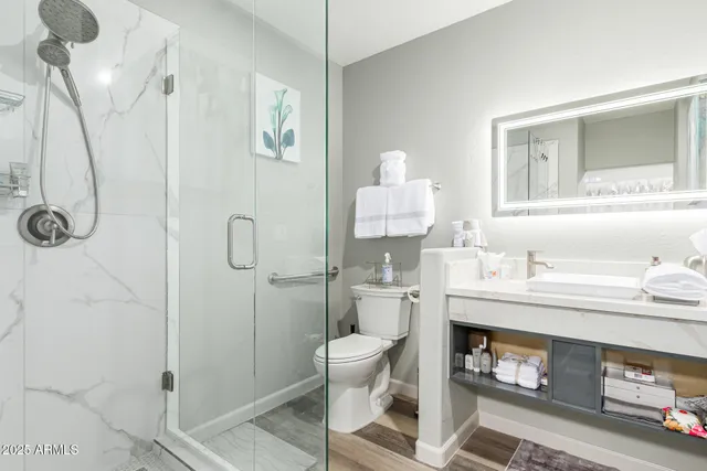 a bathroom with a sink a toilet and shower