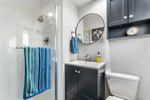 a bathroom with a toilet a sink and a mirror