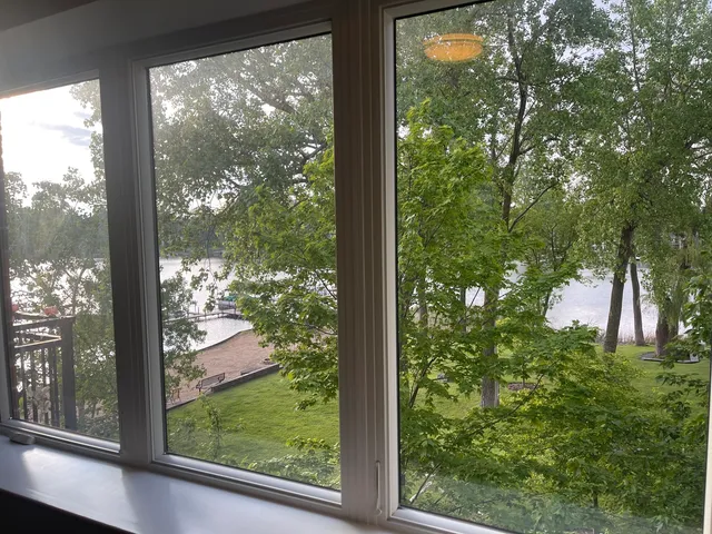 a view of a garage with wooden floor