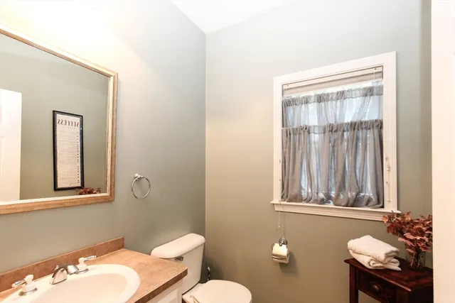 a bathroom with a sink a toilet and mirror