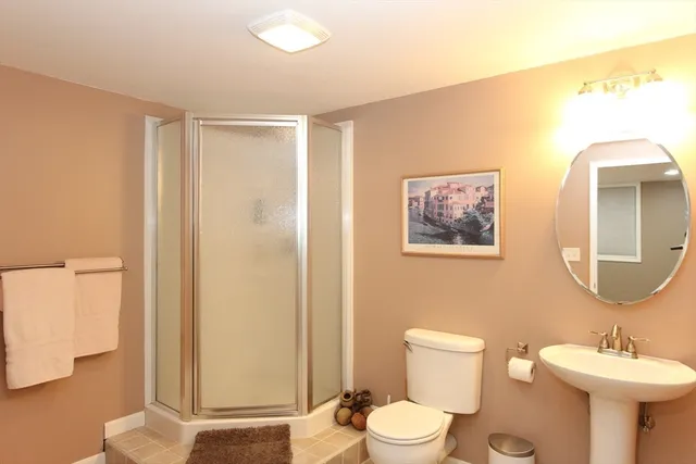 a bathroom with a toilet a sink and mirror