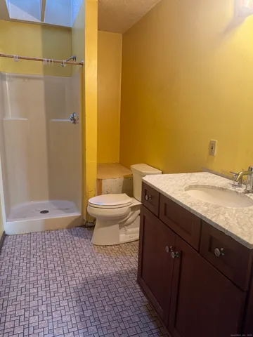 a bathroom with a granite countertop sink toilet and shower