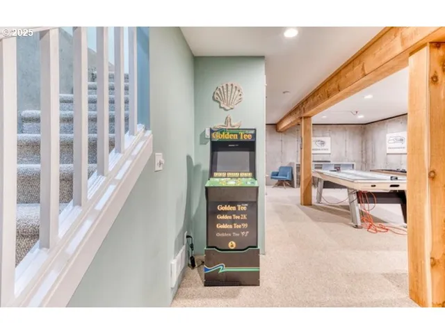 a living room with furniture and a table
