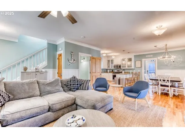 a living room with furniture and kitchen view