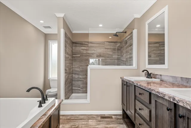 a bathroom with a granite countertop sink a mirror and a shower