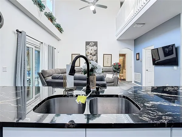 a living room with furniture kitchen view and a potted plant