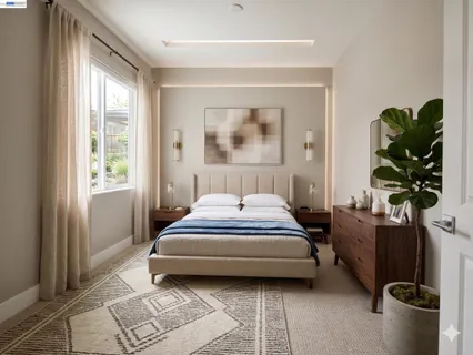 a bedroom with a bed table flowerpot and window