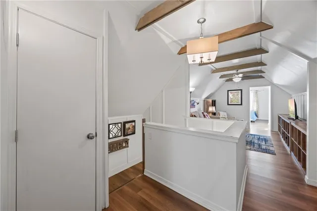 a view of a park with large trees