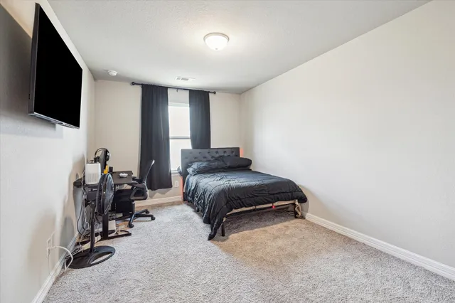 a bedroom with a bed and a flat screen tv