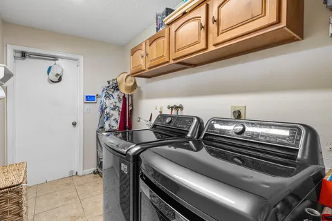 a view of a white house with a yard plants and large tree