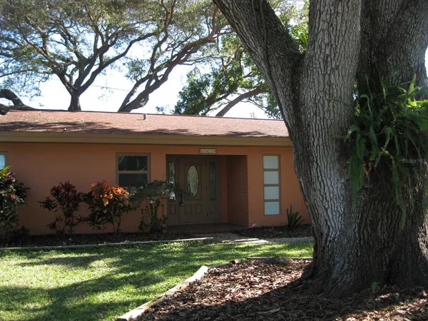 a view of a house with a large tree and a yard