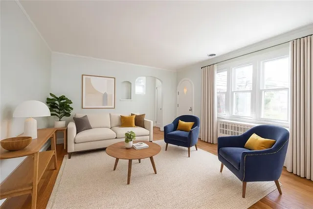 a living room with furniture and a potted plant