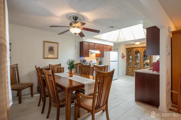 a view of a dining room with furniture