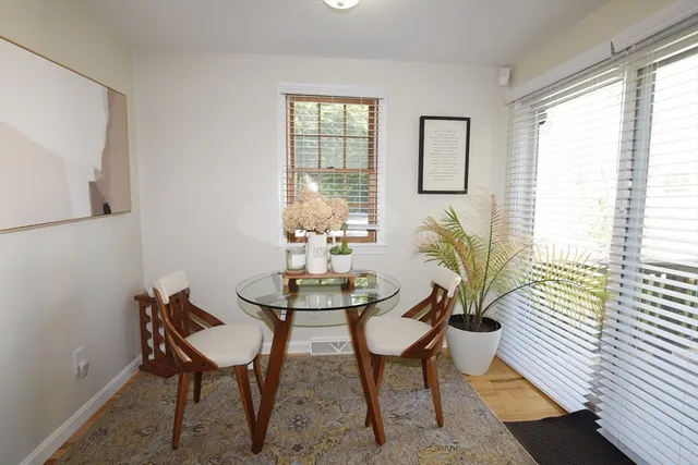 a dining room with furniture a rug and a potted plant