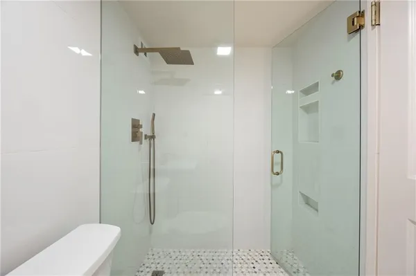 a bathroom with a shower and toilet