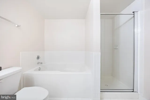 a bathroom with a shower and a toilet