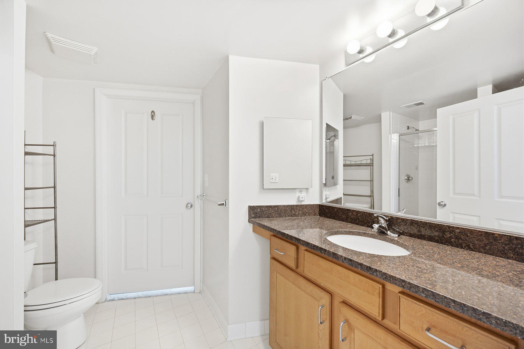 414 Water Street, Unit 2309 Baltimore, MD 21202 - Photo 18 of 36 a bathroom with a granite countertop sink a toilet and a mirror