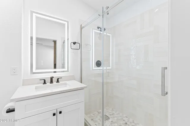a bathroom with a shower sink and mirror