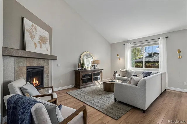a living room with furniture and a fireplace