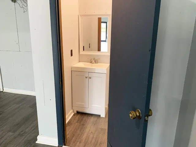 a bathroom with a sink and a mirror