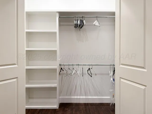 a view of walk in closet with empty racks