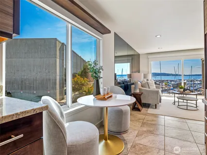 a view of a dining room with furniture