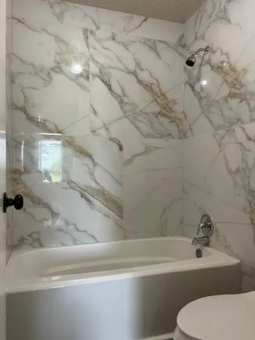 a bathroom with a toilet and a bathtub