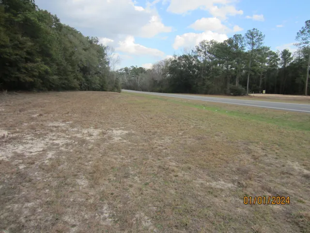 a view of a field with trees in background