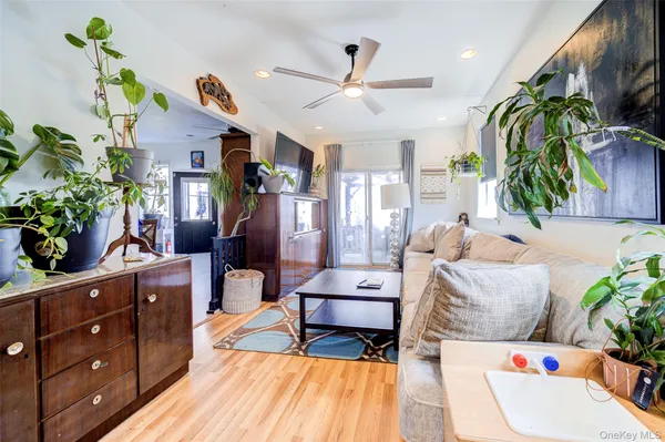 a living room with furniture and a potted plant