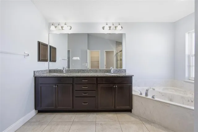 a bathroom with a tub sink and mirror
