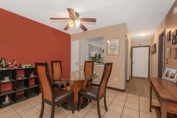 a view of a dining room with furniture